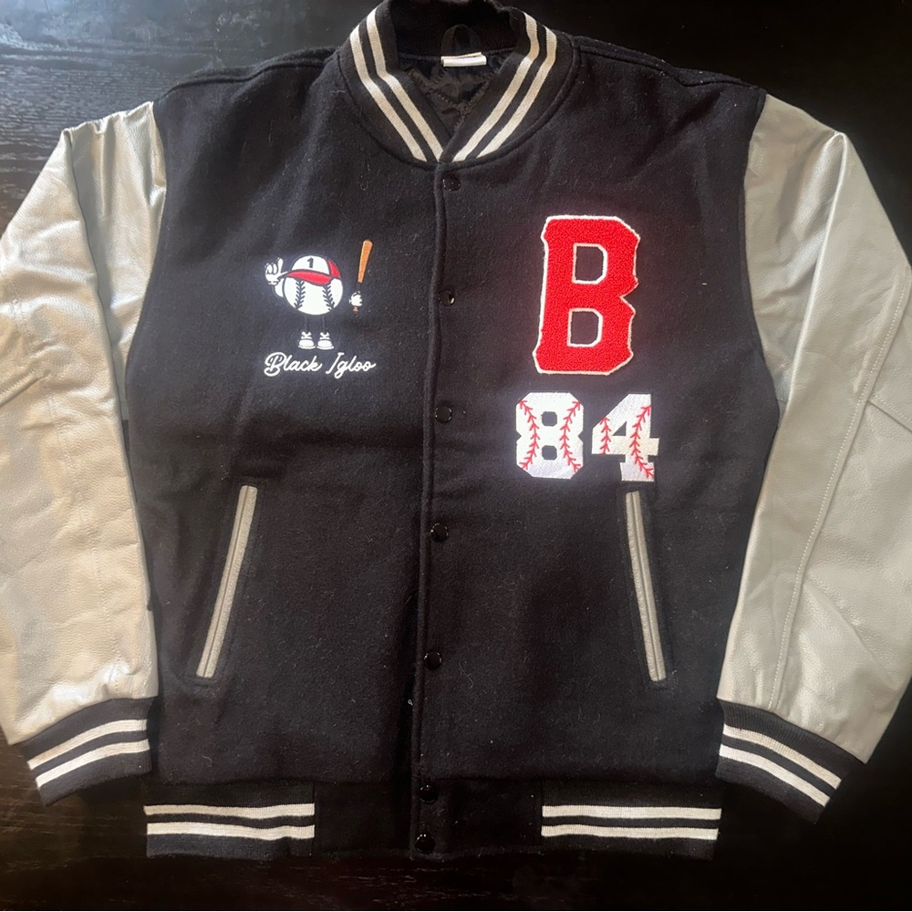 Custom Black & Silver Varsity Bomber Jacket with Red Lettering
